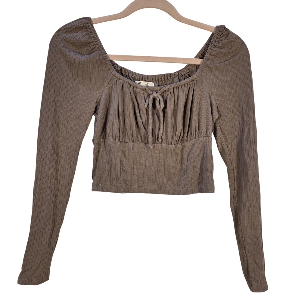 Madewell Ruched Long Sleeve Top Womens Small Brown Ribbed Knit Cropped Milkmaid